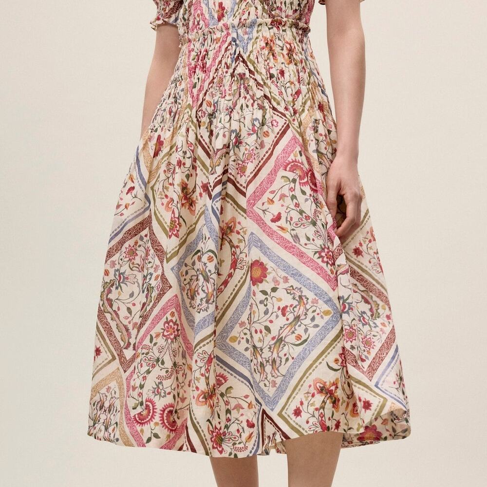 NWT Rebecca Taylor Anya Ramie Floral Smocked Bodice Midi Dress Size 6 - Picture 2 of 5